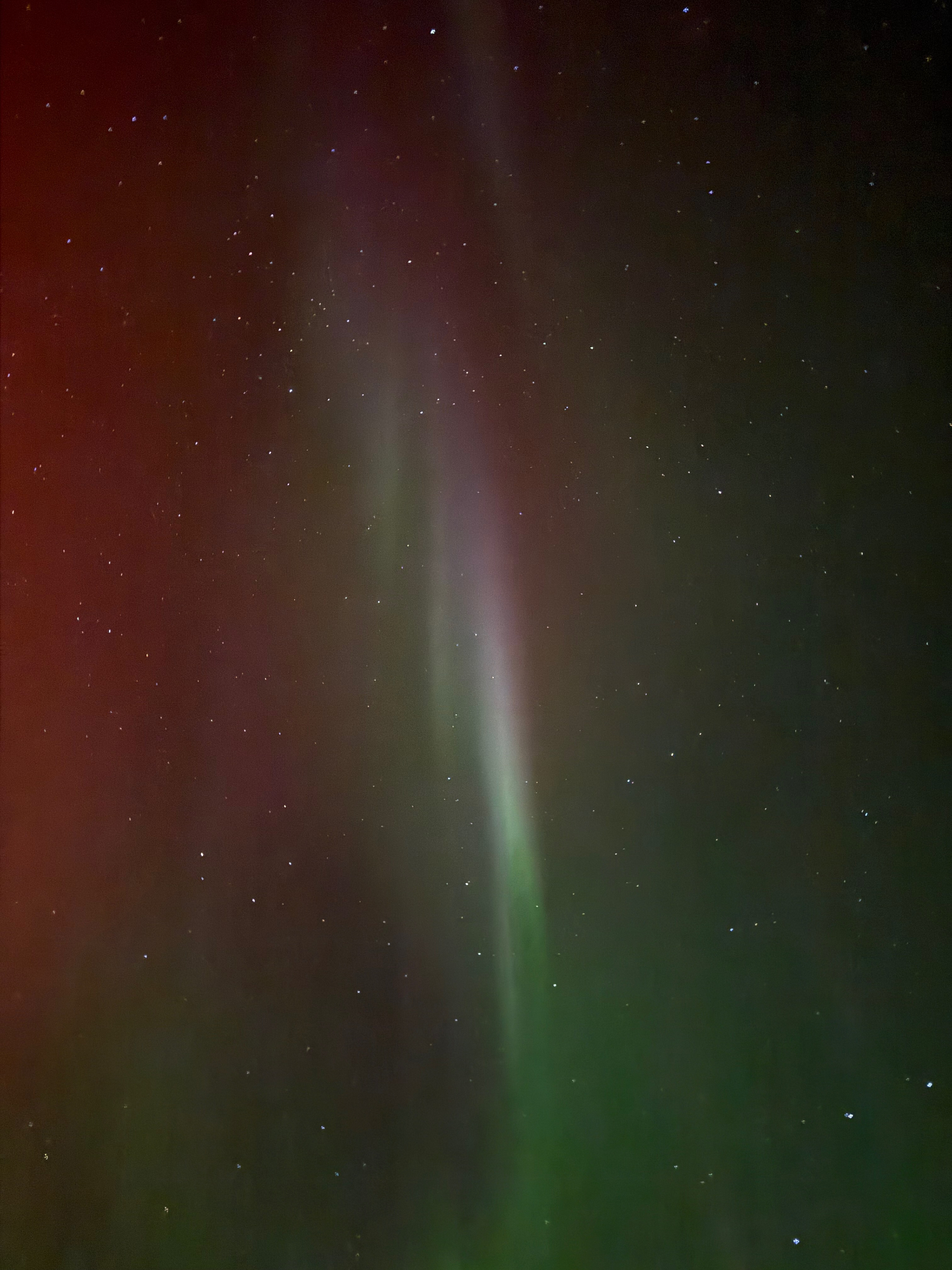 Delicate pink and green aurora pillar in a starry sky over Drevsjø