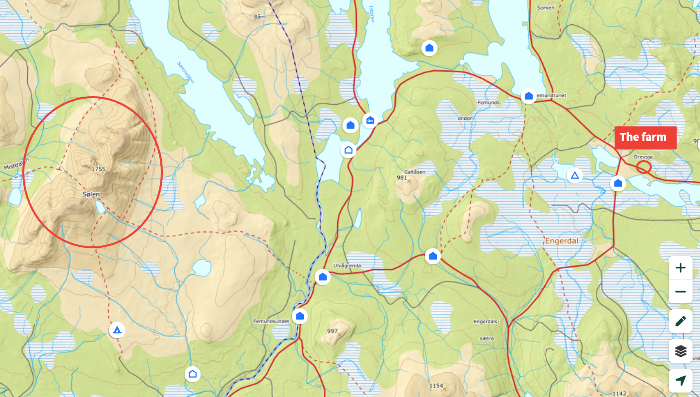 Regional map showing Sølen circled to the west and Forest Ranger Farm marked at Drevsjø to the east, with Isteren and Femunden lakes in between