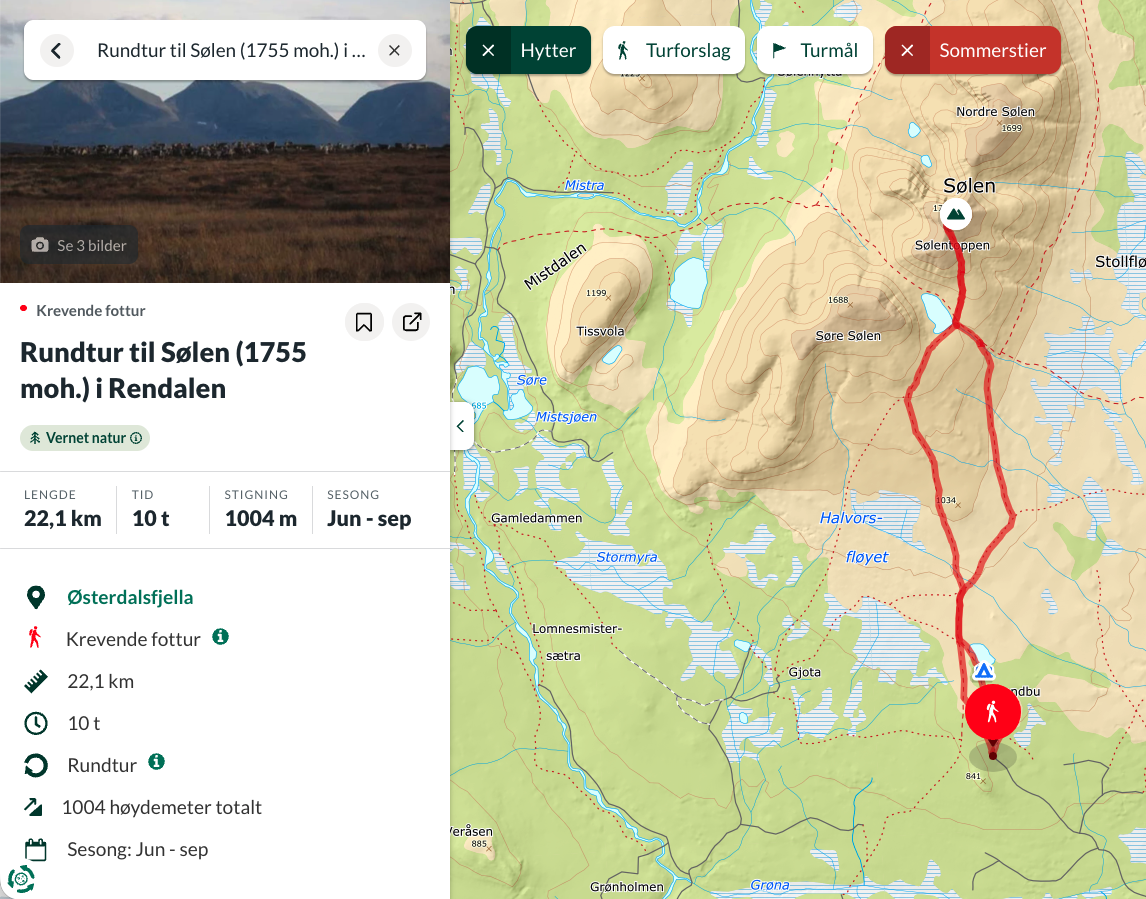 Ut.no trip card for Rundtur til Sølen showing the red round-trip route from Granåsen parking north to Sølentoppen — 22.1 km, 10 hours, 1004 m ascent, season Jun to Sep