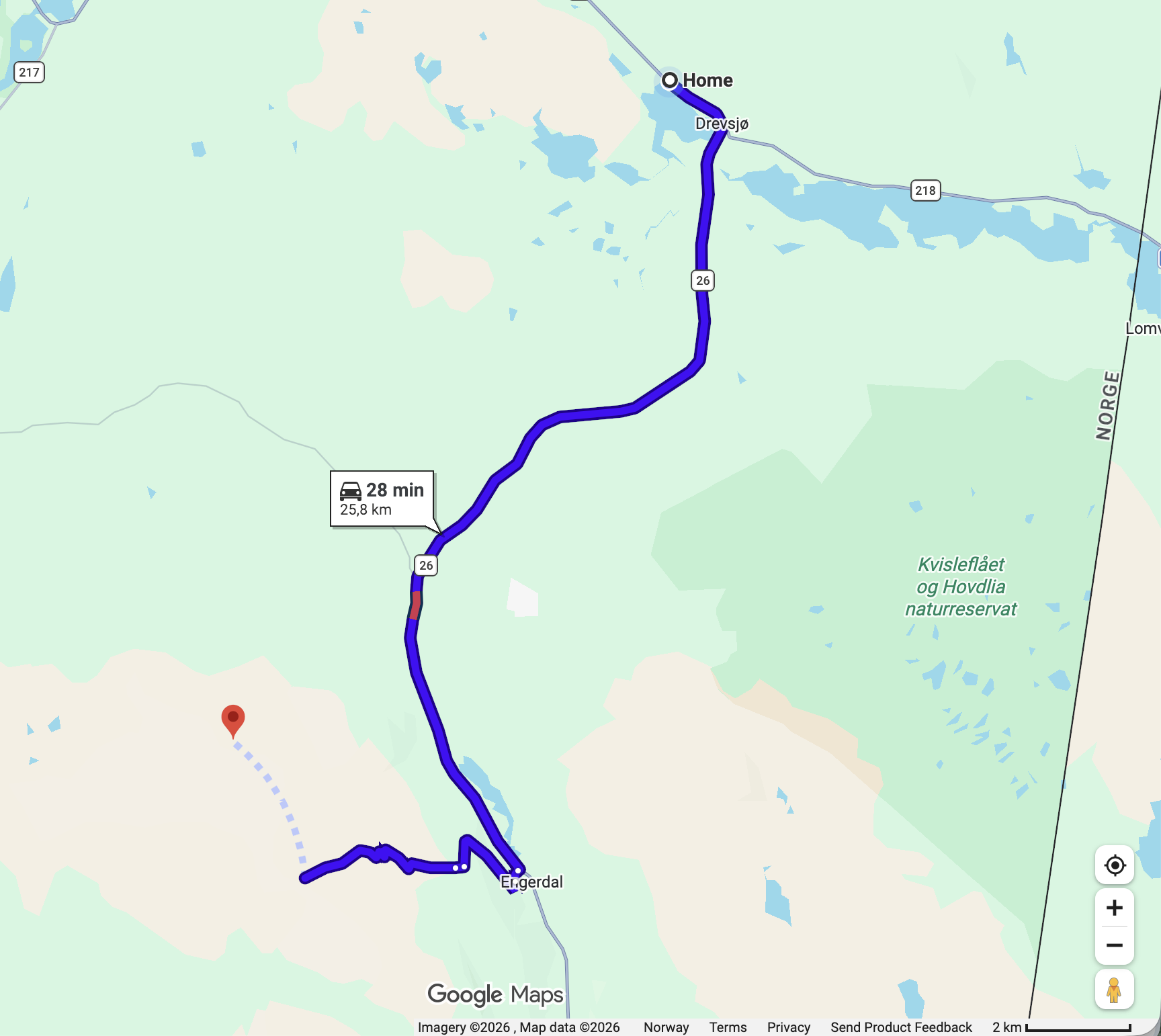 Google Maps route from Forest Ranger Farm north of Drevsjø, south on road 26, then west toward the Kvitvola summit parking near Engerdal, marked as 28 minutes and 25.8 km
