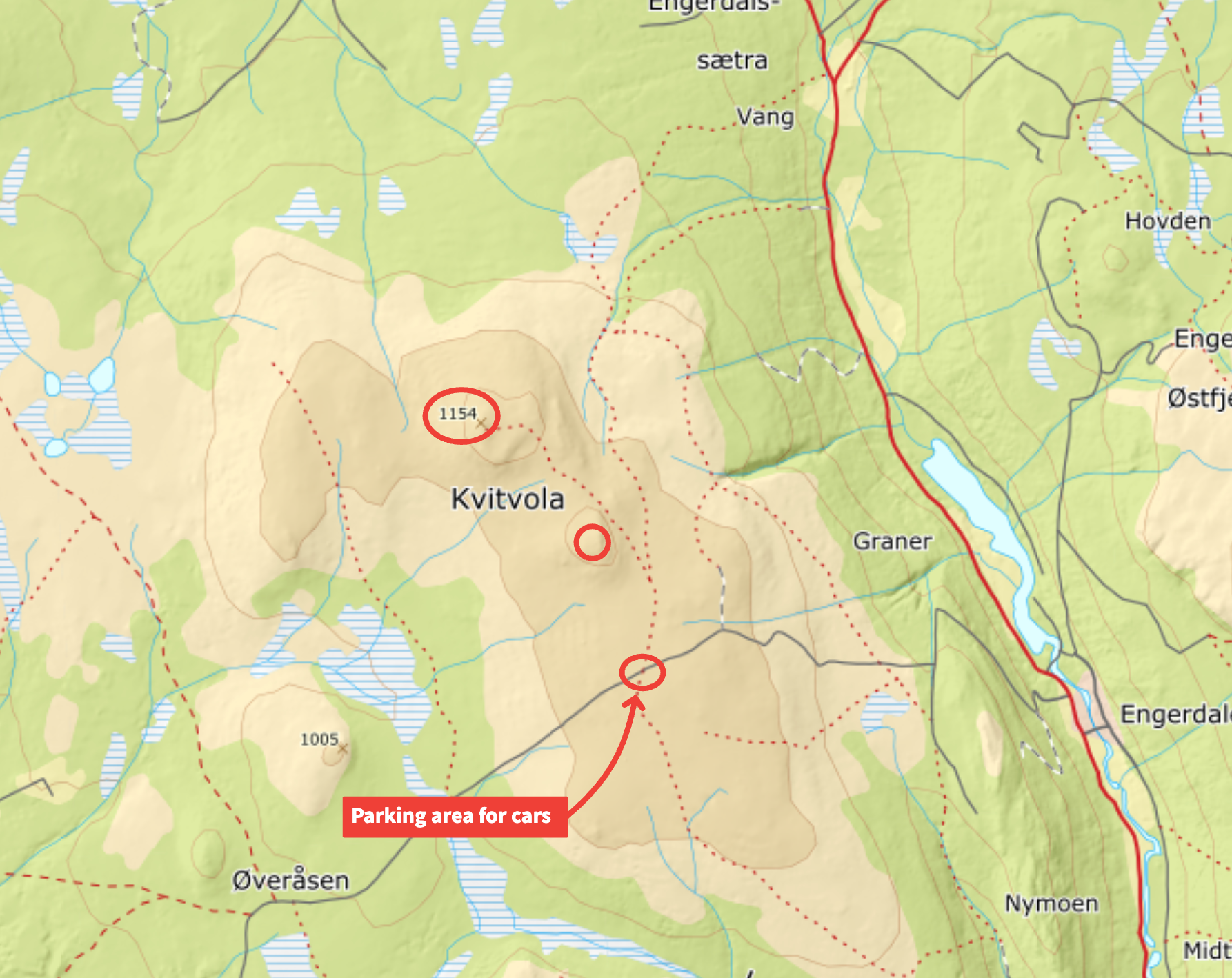 Topographic map of Mount Kvitvola showing the two summit points at 1,154 m and the summit parking area to the south-east