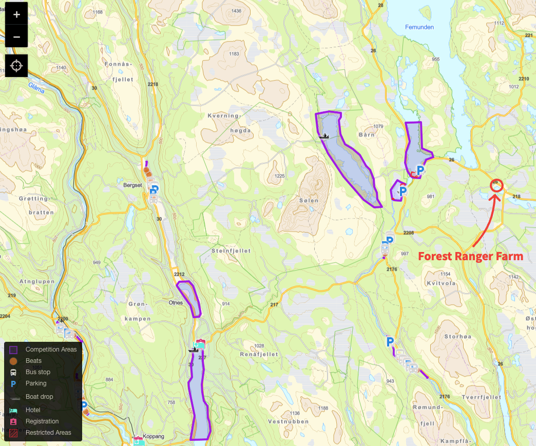 Map of the World Masters Fly Fishing Championship competition areas around Sølensjøen, Galtsjøen, Isteren, Storsjøen and Lomnesjøen at Åkrestrømmen, with Forest Ranger Farm marked to the east