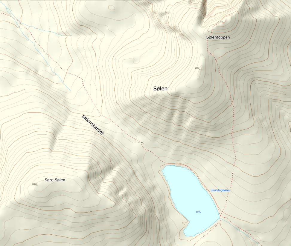 Detailed topographic map showing Skardstjønna lake at 1,196 m nestled between Søre Sølen and Sølentoppen, with Sølenskardet notch at 1,250 m