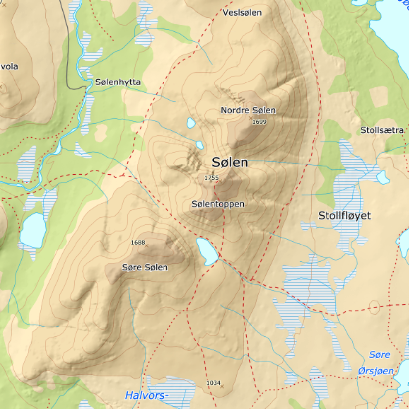 Topographic map of the Sølen massif showing Nordre Sølen (1,699 m), Sølentoppen (1,755 m) and Søre Sølen (1,688 m) with Sølenhytta to the north-west
