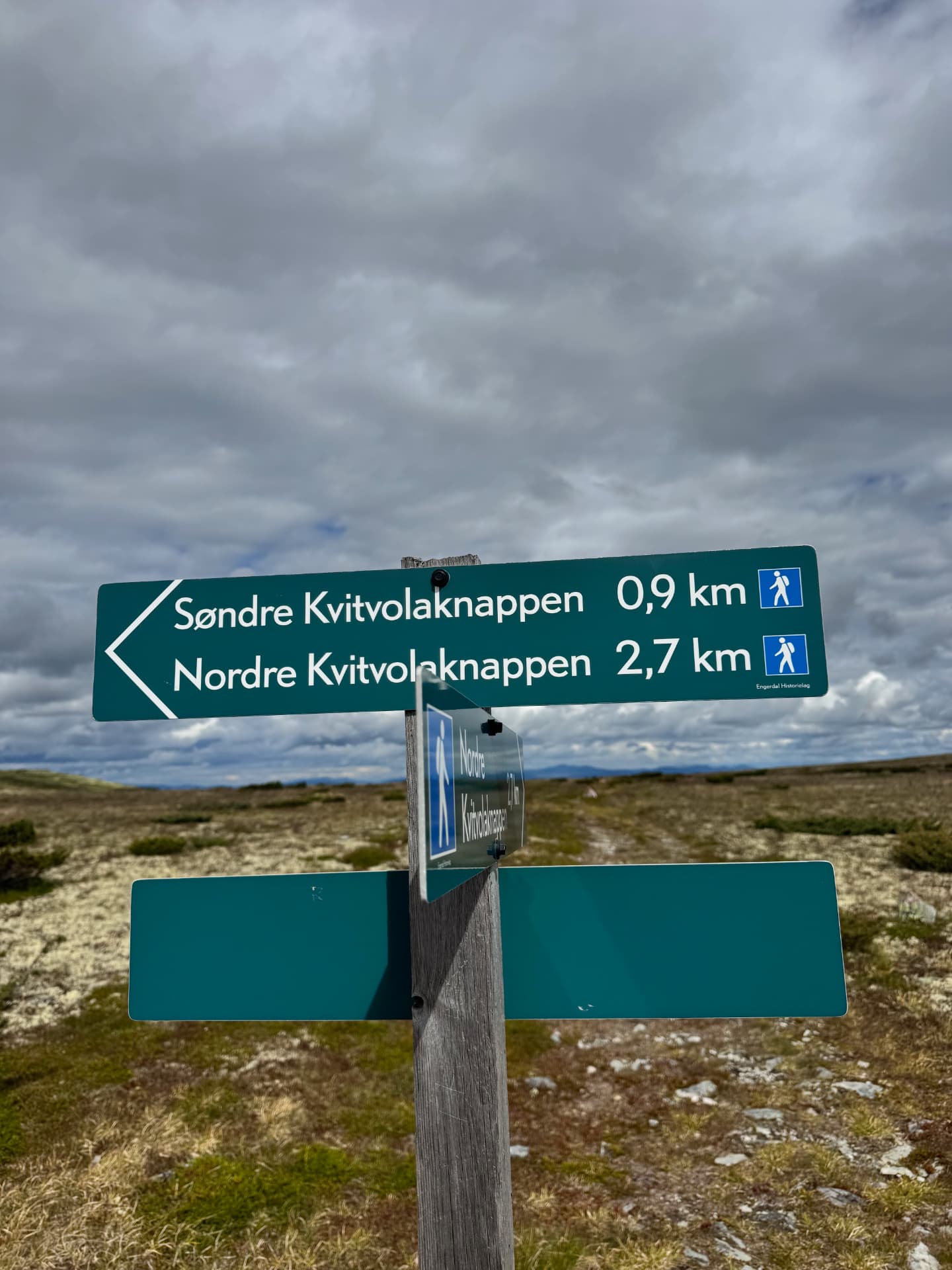Trail sign at the start of the Kvitvola hike showing 0.9 km to Søndre Kvitvolaknappen and 2.7 km to Nordre Kvitvolaknappen