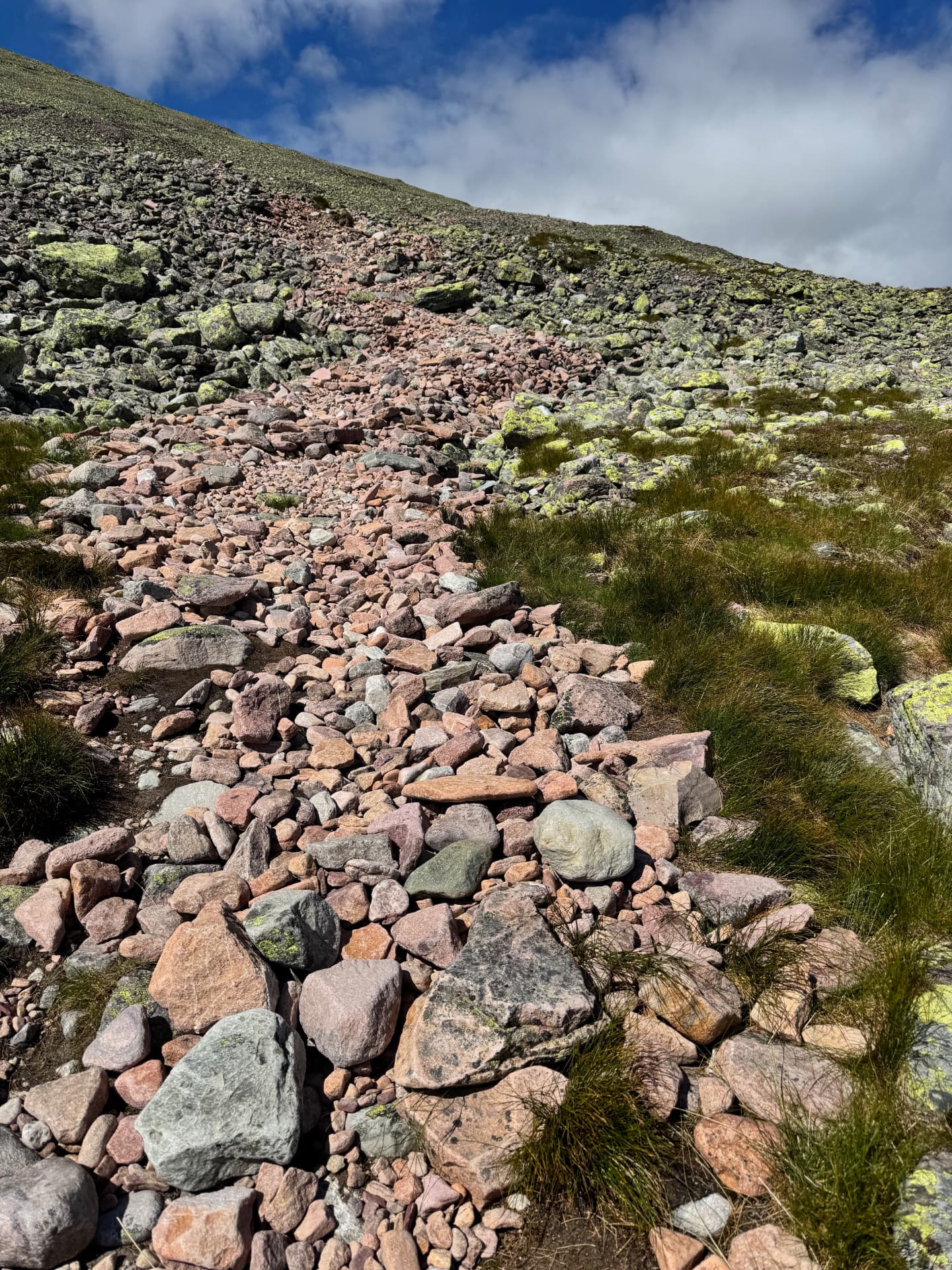 Steep boulder field of pink and grey lichen-covered stones climbing up the flank of Sølentoppen