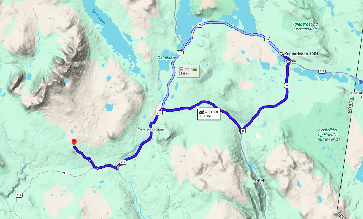 Google Maps route from Kopparleden 1001 in Drevsjø south on road 26 and west on road 217 through Fæmundssundet to Granåsen parking, marked as 41 minutes and 41.6 km